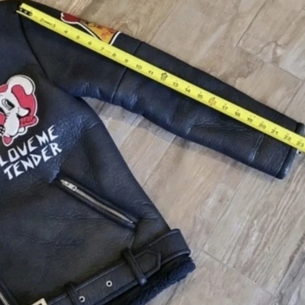 Rare Faux Leather Faux Shearling Collar & Lining Moto Punk Retro Biker Jacket, S - Picture 5 of 13